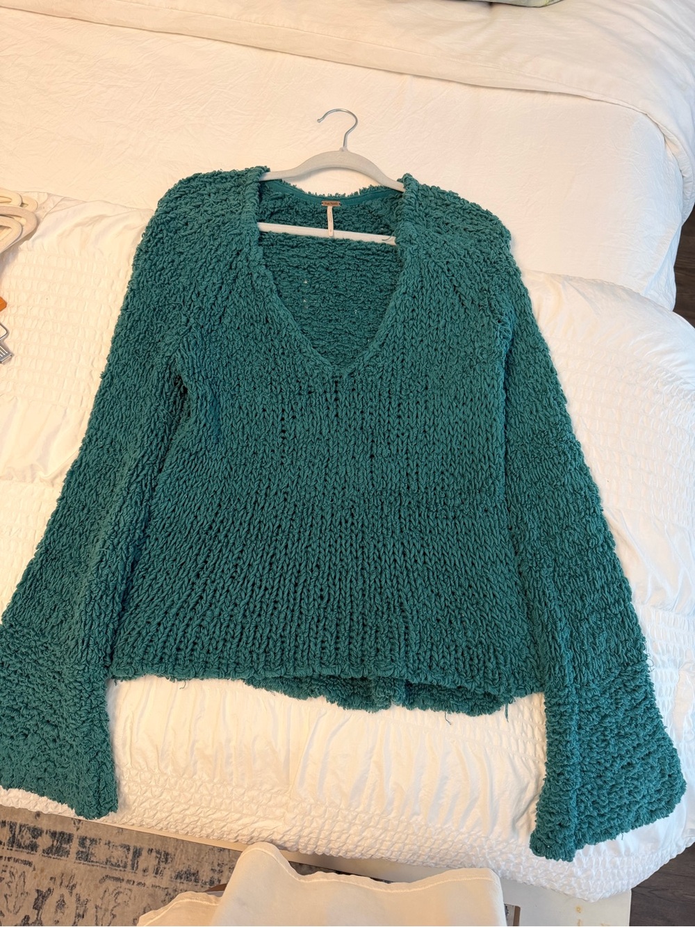 Free People Cozy Teal V-Neck Chunky Knit Sweater